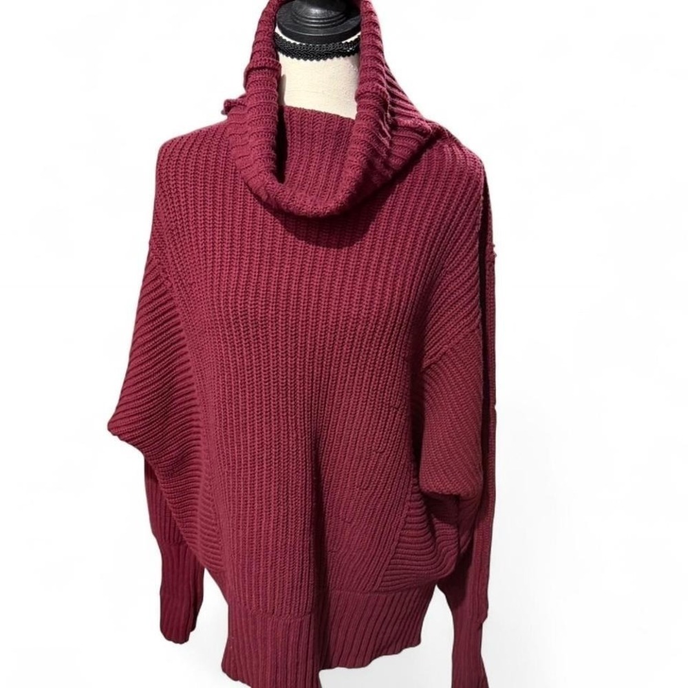 Free‎ People Oversized Burgundy Chunky Knit Cowl Neck Sweater XS Slouchy Cotton